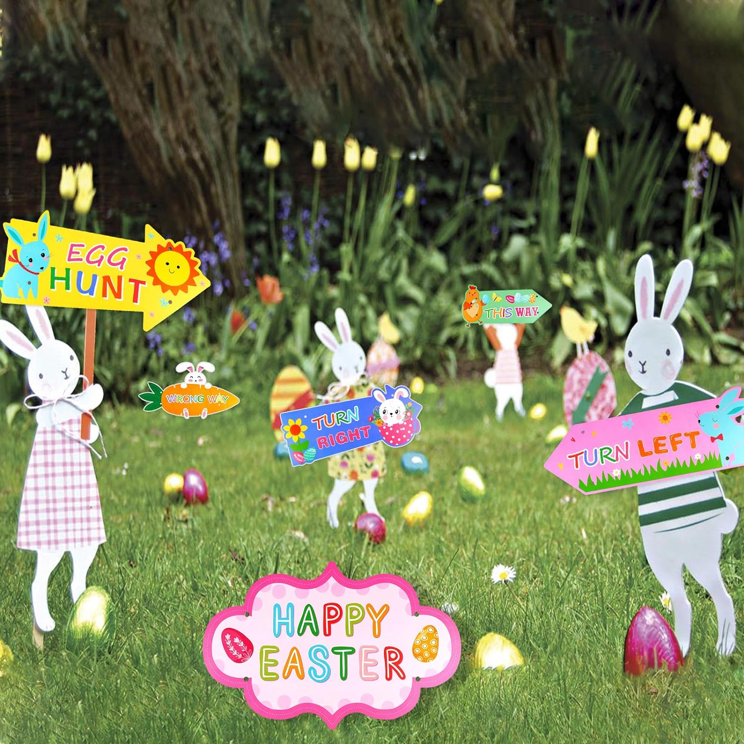 10-Pieces Easter Hunt Arrows Easter Egg Chick Signs Directions Maps Rabbit Bunny Chick for Easter Themed Party