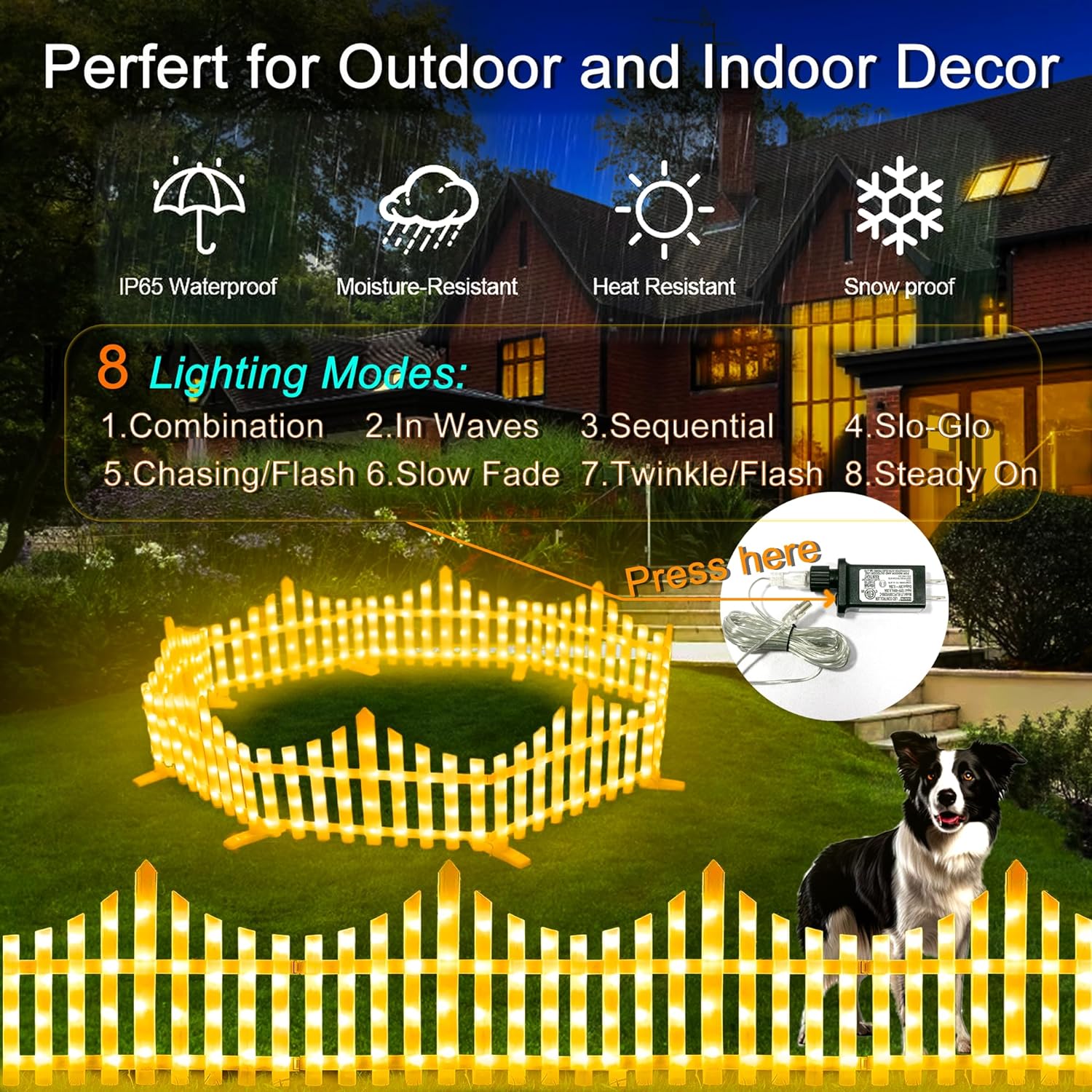 8-Pcs 288 LEDs Glowing Fence Waterproof Led Xmas Lights 8 Lighting Modes Plug in Flicker/Flash for Christmas Outdoor, Step, Fence, Yard, Patio, and Pathway