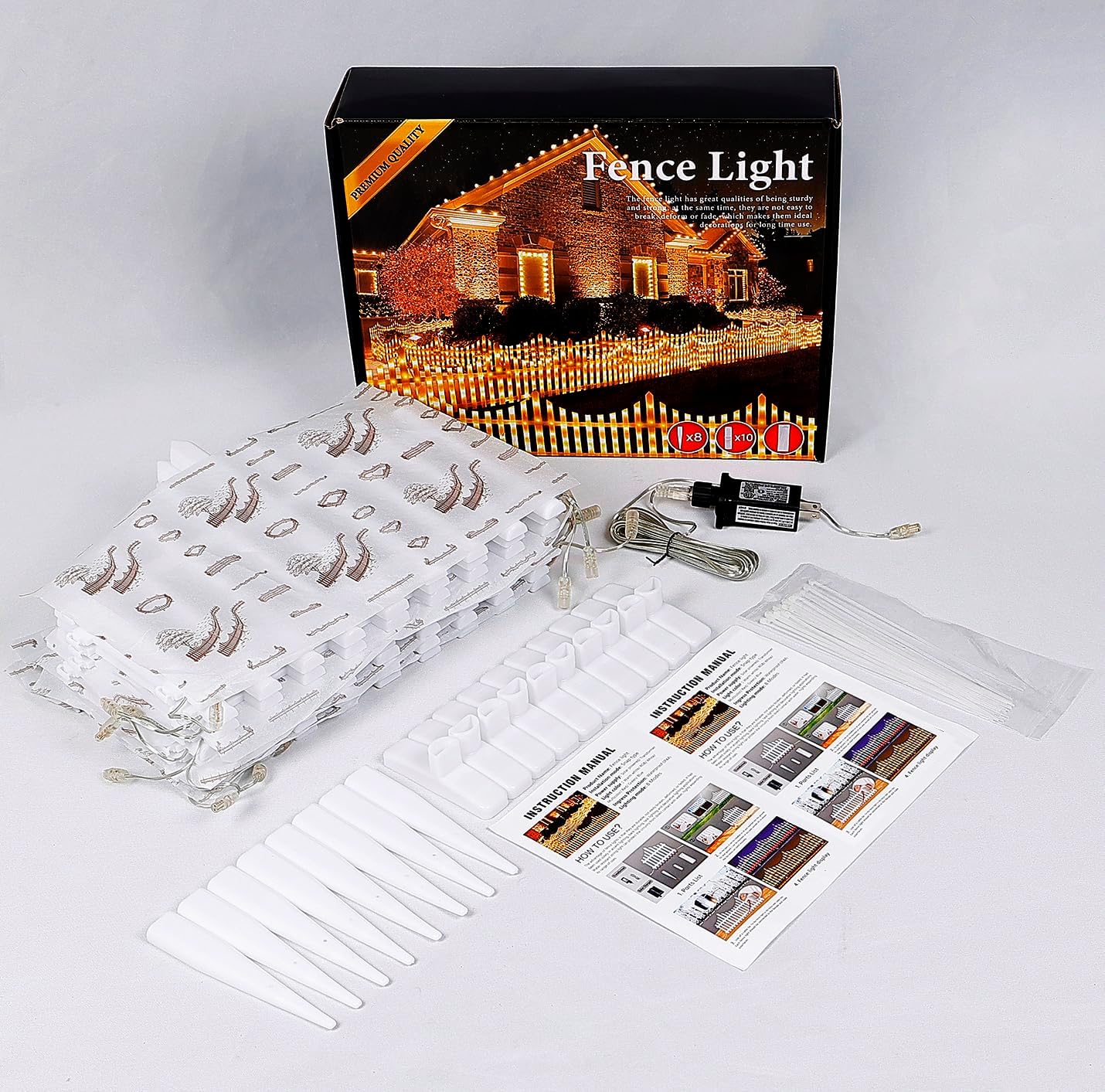 8-Pcs 288 LEDs Glowing Fence Waterproof Led Xmas Lights 8 Lighting Modes Plug in Flicker/Flash for Christmas Outdoor, Step, Fence, Yard, Patio, and Pathway