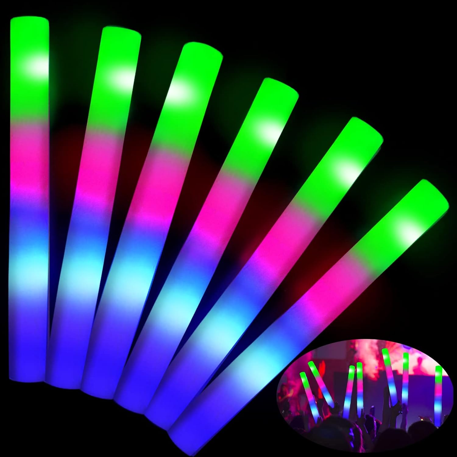 6-Pieces LED Glow Foam Sticks Multi-color with 3 flashing modes, suitable for parties, festivals and celebrations 18.5 inches