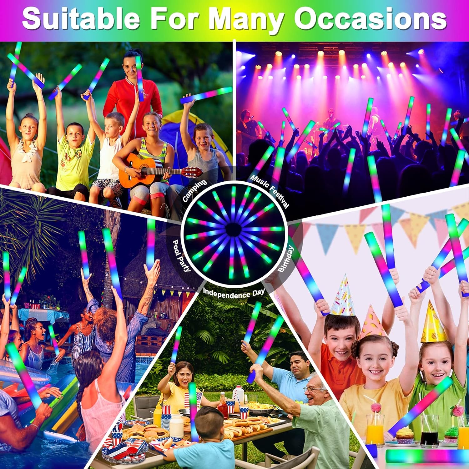 6-Pieces LED Glow Foam Sticks Multi-color with 3 flashing modes, suitable for parties, festivals and celebrations 18.5 inches