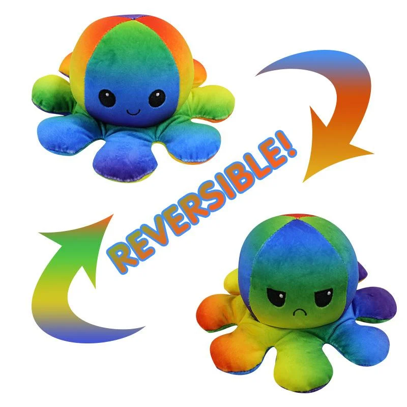 Double Sided Face Octopus Angry and Happy Reaction Reversible Rainbow Plush Octopus Set of 5